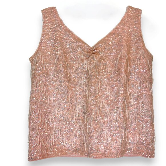 Vintage 1960s Pink Beaded Sequin Wool Top Medium Hong Kong Sleeveless Tank Fancy - Picture 9 of 9